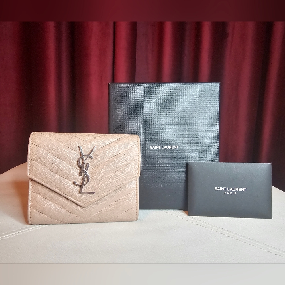 Yves Saint Laurent Beige Quilted Logo Wallet